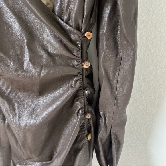 Nanushka Moha Faux Leathet Long Sleeve Off the Shoulder Mini Dress in Brown - Picture 9 of 10